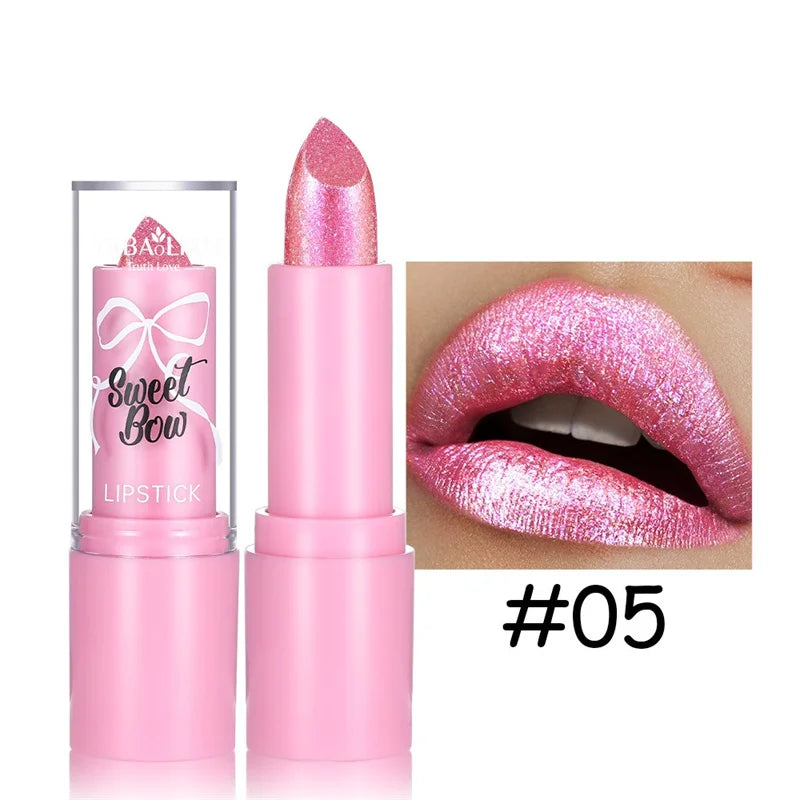 Pink Luxurious Metallic Glitter Lipstick Lasting Waterproof Shimmery Pearl Sparkling Hydrating Lipstick Women Makeup Cosmetic