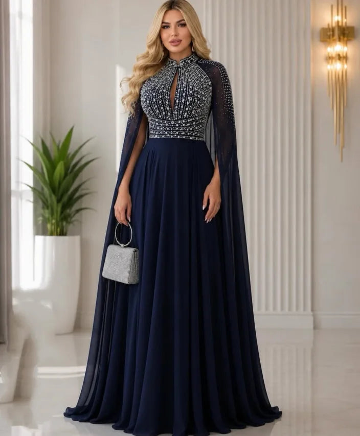Champagne Maxi Mother of the Bride Dresses With Cape Beaded High Neck Pleated Modern Women Wedding Party Guest Gown Customized