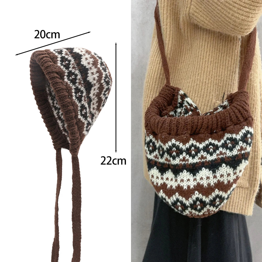 Ethnic Style Striped Spliced Knitted Hat Women Autumn Winter Caps Multifunctional Crossbody Bag Ear Protection Drawstring Hats