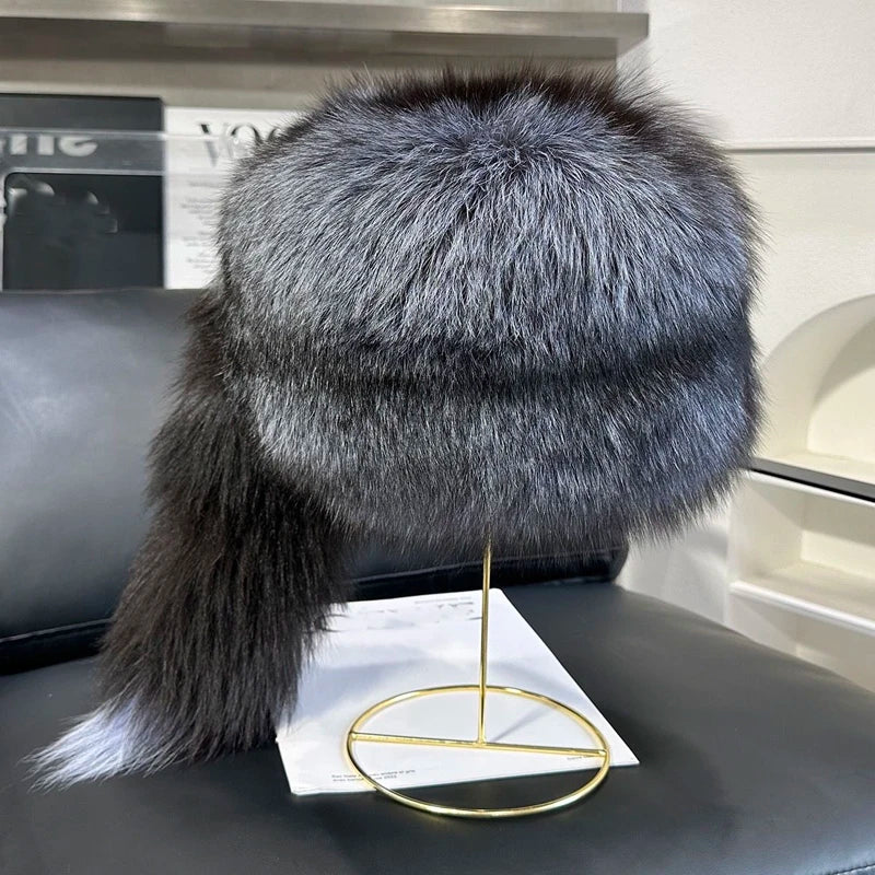 Winter Women Fashion Real Fur Hat Natural Fox Fur Hats Headgear Russian Outdoor Cap Ladies Thicken Warm Fur Caps