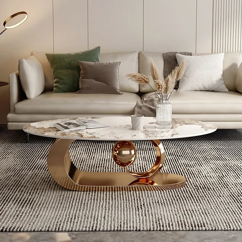 Italian Rock Plate Coffee Tables Living Room Luxury Oval Side Table Creative Wrought Iron Center Table Set Nordic Home...