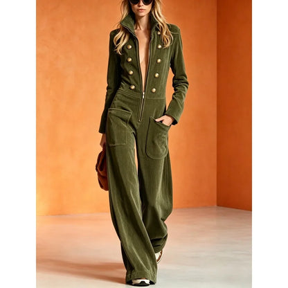 2026 Fall Winter Women Corduroy Stand Collar Front Zip Wide Leg Jumpsuit Mid Waist - Kimlud
