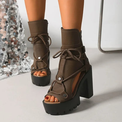 Women's Platform High Heel Ankle Boots Open Toe Lace Up Sandals Textured Finish Chunky Block Heel Zipper Closure Fashion...