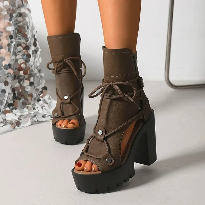 Women's Platform High Heel Ankle Boots Open Toe Lace Up Sandals Textured Finish Chunky Block Heel Zipper Closure Fashion...