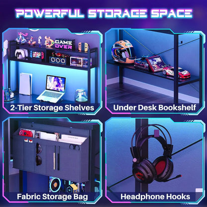 59" L-Shaped Gaming Desk with LED Lights & Power Outlets, Reversible Corner Computer Desk for Home Office & Gamers