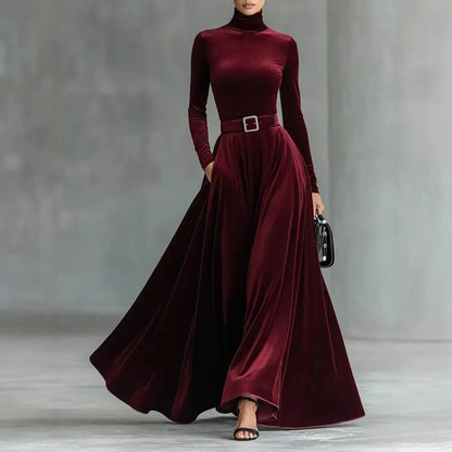 Velvet High Collar Base Dr Evening Gown mid Waist Long Skirt Ci Commute Sle Autumn Season Women's Faion Single Piece |...