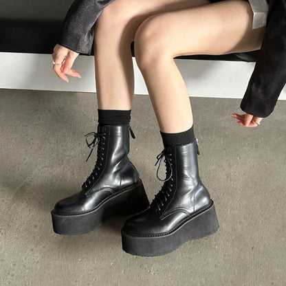 2025 Thick-soled Women's Heightening Polished Retro Lace-up Small Short Muffin Bottom Wasteland Wind Platform Heels Boots