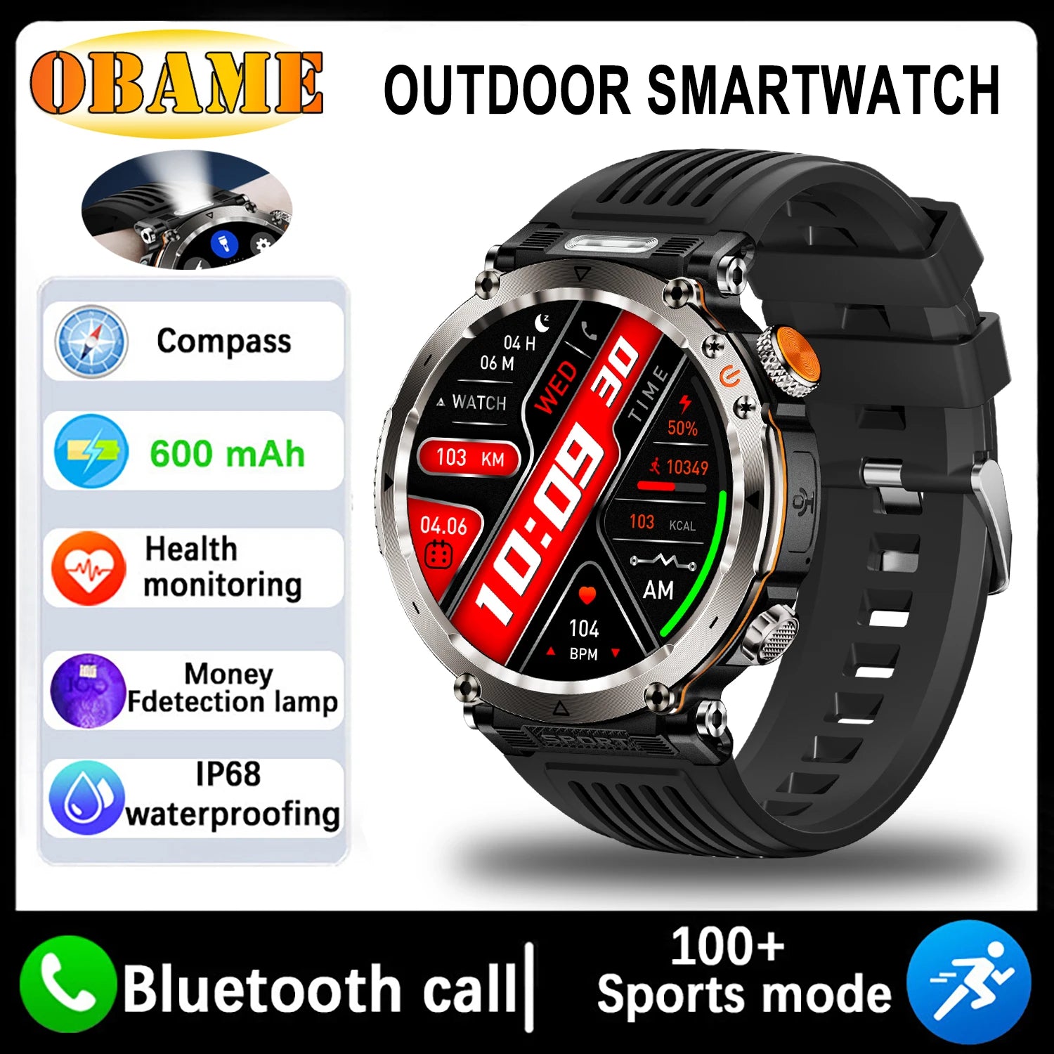 New 5ATM Outdoor Smart Watch Men 600mAh LED Flashlight SmartWatch Compass Bluetooth call Heart rate IP 68 Sports Smartwatch 2025