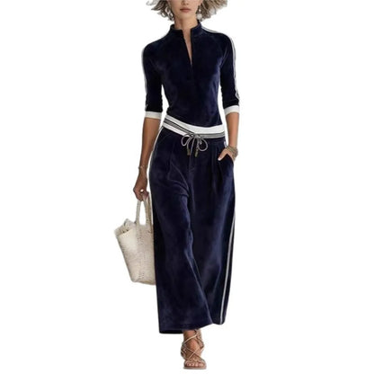 Fashion Korean Velvet Color-blocked Striped 7 Sleeved Stand-up Collar Top Sports Suit Loose Wide-leg Trousers Women's...