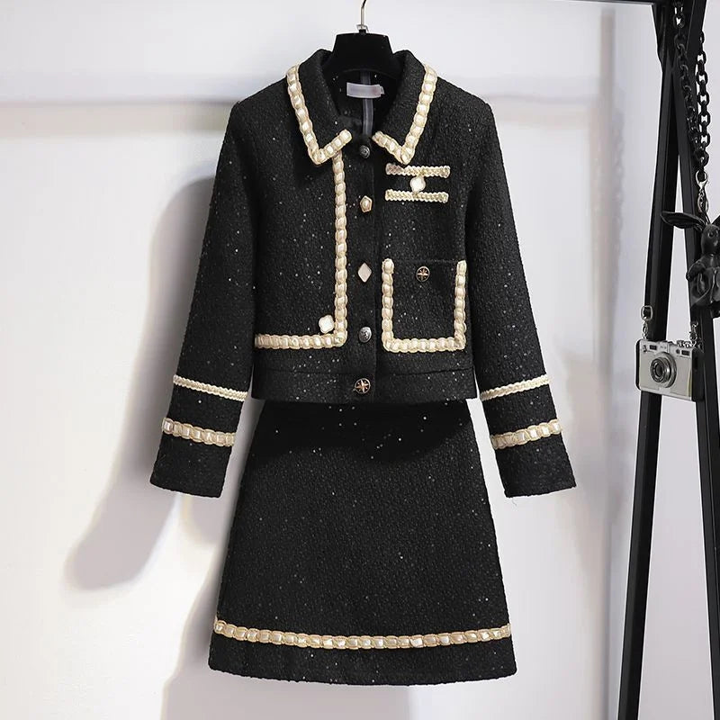Female Xiaoxiang Style Short Jacket Tops Skirt 2 Piece Set Autumn Winter Lady Tweed Wool Jacket Mini Skirts 2PCS Women...