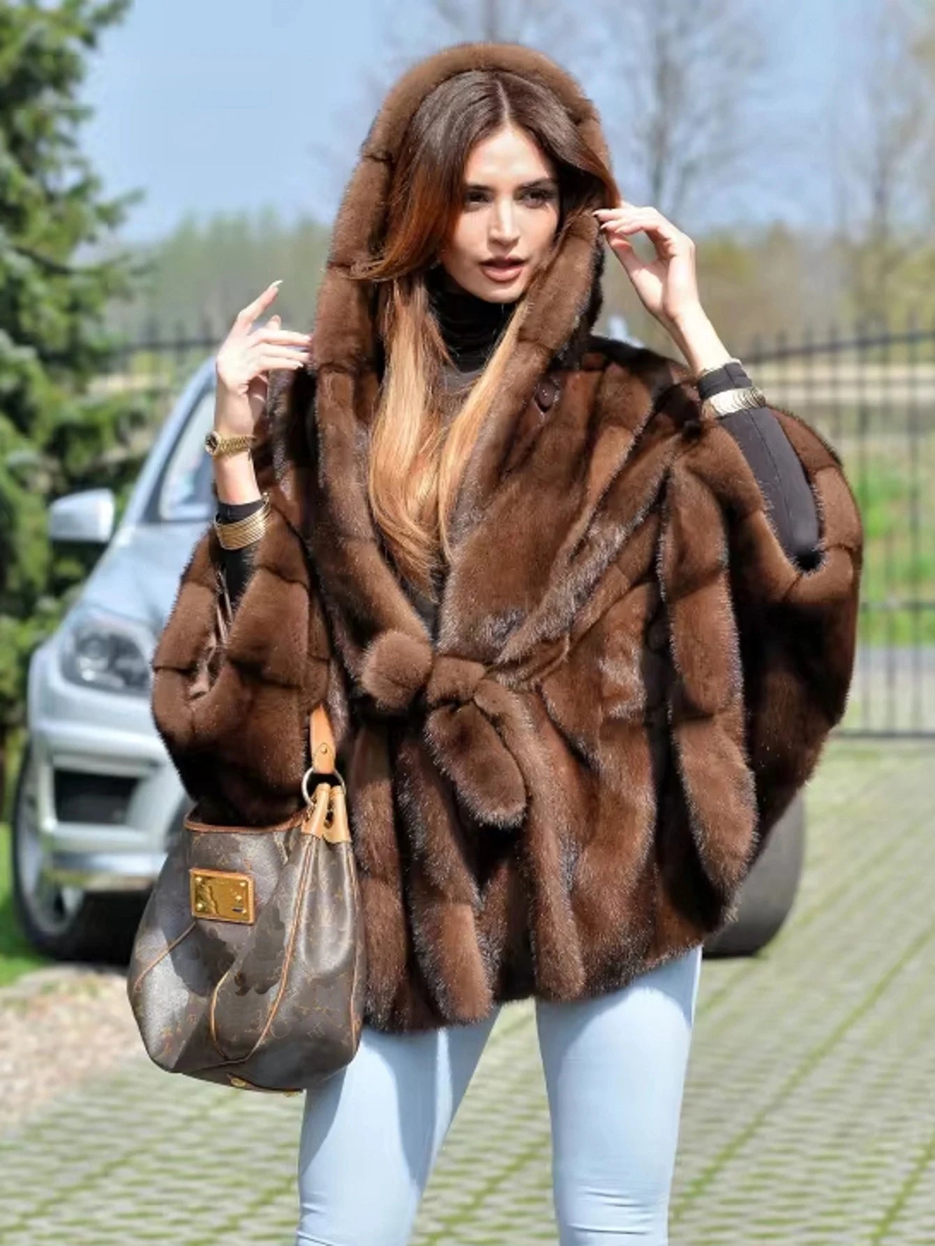 New fashion for autumn and winter: casual fluffy faux fur coat, women's hooded belt style, batsleeve artificial Mink Coat