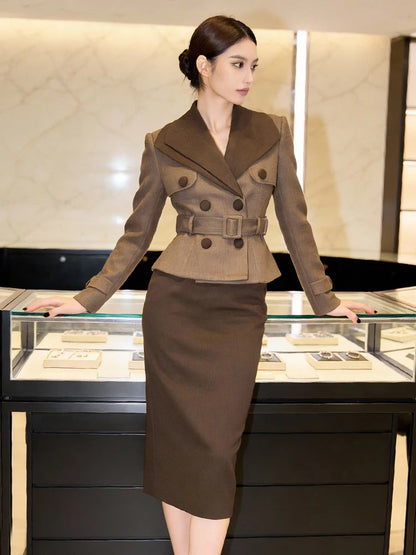 Women Elegant Brown Midi Dress Fake 2-Piece Wide Lapel High Waist Slim Pencil Robe Office Lady Business Formal Occasion...
