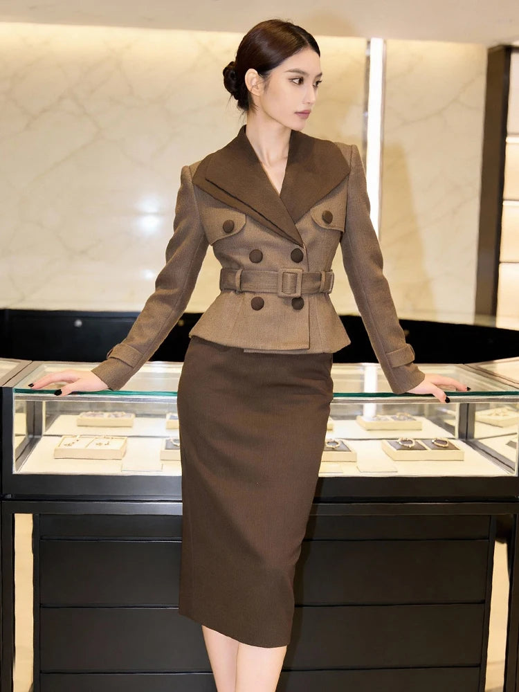 Women Elegant Brown Midi Dress Fake 2-Piece Wide Lapel High Waist Slim Pencil Robe Office Lady Business Formal Occasion...