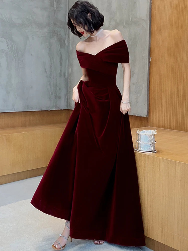 Lautaro Spring Long Luxury Elegant Wine Red Soft Velvet Evening Party Wedding Dresses for Women 2022 Off Shoulder Maxi...
