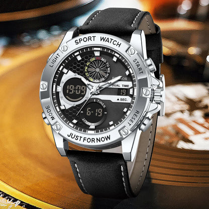 FOXBOX Fashion Men's Luxury Watch Leather Strap Quartz Watches Business Dual Display Waterproof Date Chronograph Man Watch+Box - Kimlud