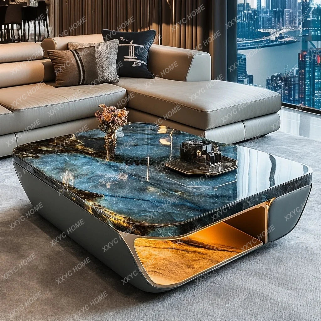 Luminous blue jadeite luxury stone coffee table elegant modern living room advanced design jade minimalist marble villa home - Kimlud