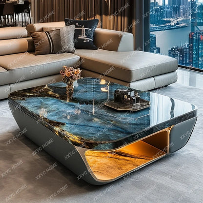 Luminous blue jadeite luxury stone coffee table elegant modern living room advanced design jade minimalist marble villa home - Kimlud