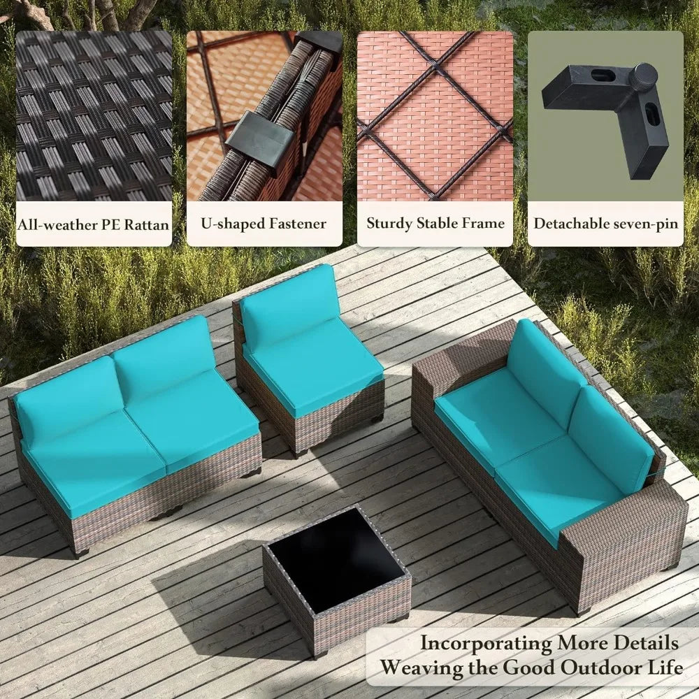 Garden Furniture Sets Outdoor Patio Furniture Set PE Rattan Wicker Sectional Conversation Set with Coffee Table Turquoise Blue - Kimlud