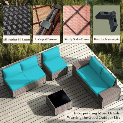 Garden Furniture Sets Outdoor Patio Furniture Set PE Rattan Wicker Sectional Conversation Set with Coffee Table Turquoise Blue - Kimlud