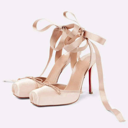 Balck Stain Lace Up Ballet Shoes Girl Pink Square Toe Bow Tie Stiletto Heel Ankle Strap Slingback Elegant Summer Sexy Pumps