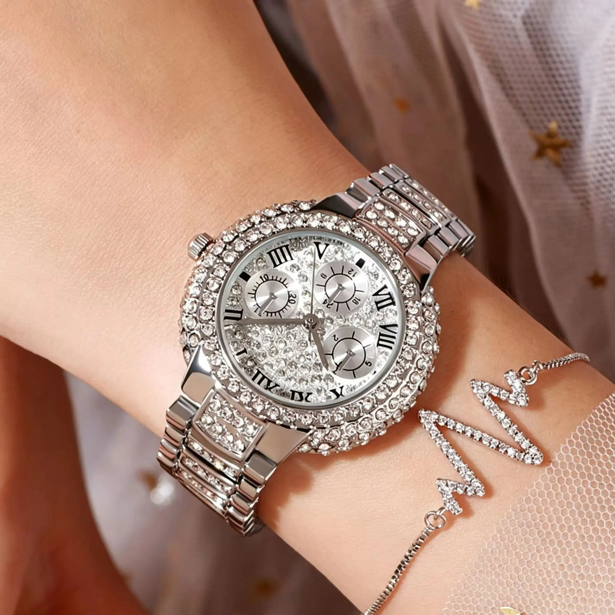 Full Diamond Quartz Watch For Women Luxury Fashion Silver Iced Out Quartz Wristwatch Gift MK Parker Style Chronograph Full Pave