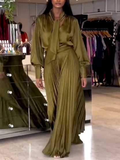 Two Piece Sets Women Outfits V Neck Lace Up Long Lantern Sleeve Tops Wide Leg Pleated Trousers Streetwear Party Causal Pant Sets