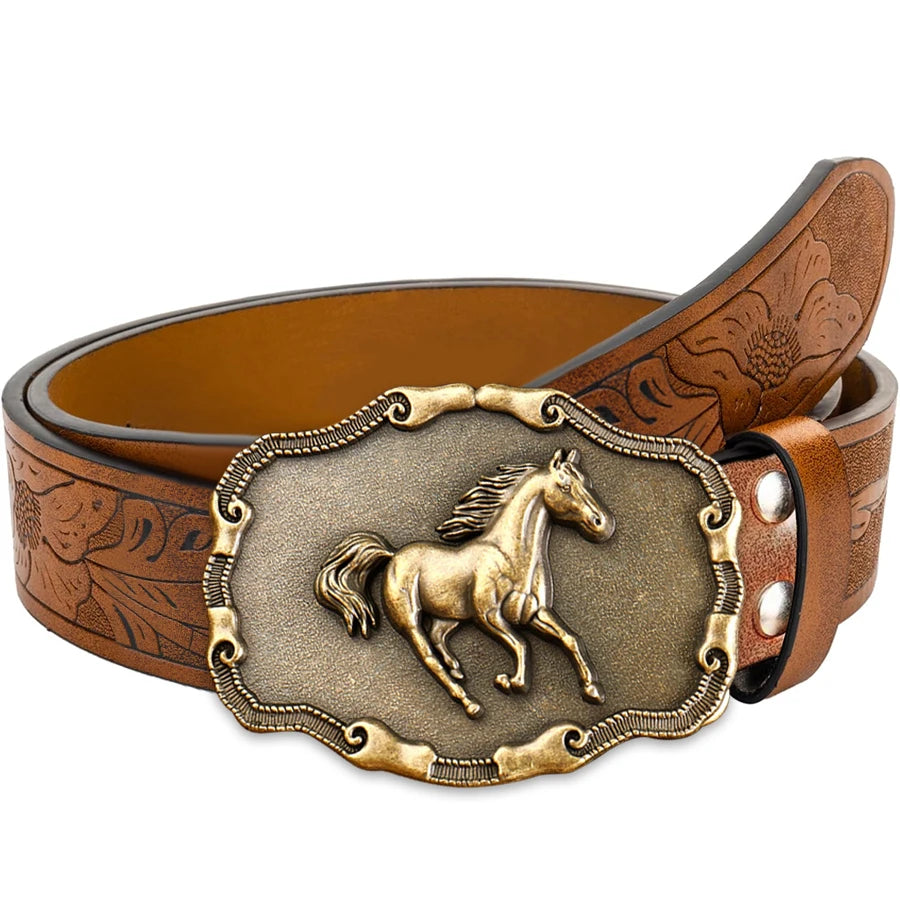 Golden Galloping Horse Belt Exquisite Carved Large Plate Buckle Alloy Buckle for Both Men and Women - Irregular Pattern...