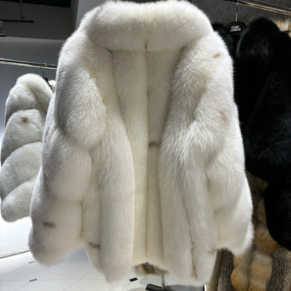 YOLOAgain Women's Luxury White Fox Fur Coat 2024 Winter Warm Real Fox Fur Jacket