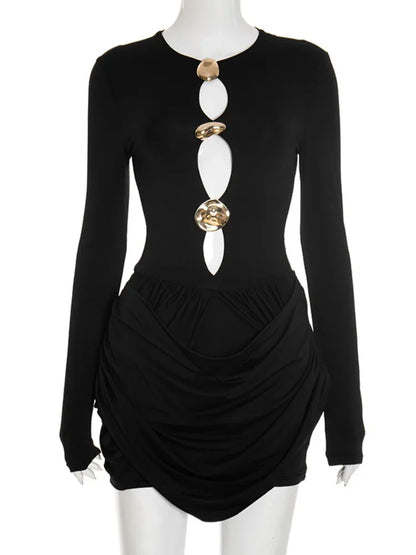 Chaxiaoa Hollow Out Long Sleeve Sexy Mini Dress Women Autumn Winter Button O Neck High Waist Ruched  Club Party Dresses Elegant