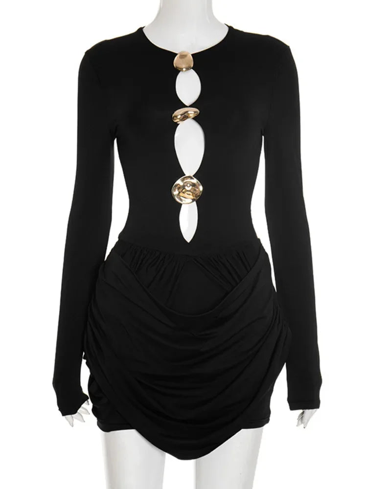 Chaxiaoa Hollow Out Long Sleeve Sexy Mini Dress Women Autumn Winter Button O Neck High Waist Ruched  Club Party Dresses Elegant