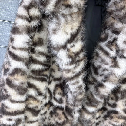 DEAT 2025 Winter Thick Leopard Print Faux Fox Fur Coat For Women Contrast Color High Quality Suit Collar Overcoat 11A06743