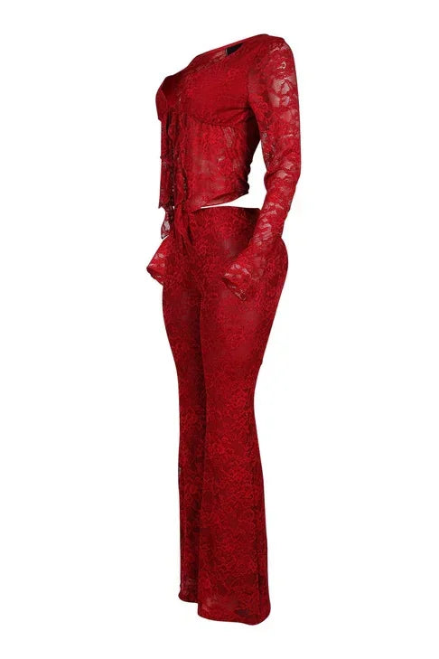 2026 Women's Set Long Sleeve Lace See Through Shirt + Long Pants Street Evening Sexy Two 2Piece Sets Outfits Tracksuit |...