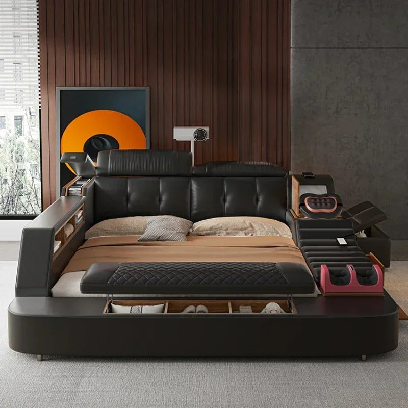 Replica Genuine Leather Bed With Massager Safe Speaker Dresser Projector SDisplay Throne Safe Cama Queen Size Trendy...
