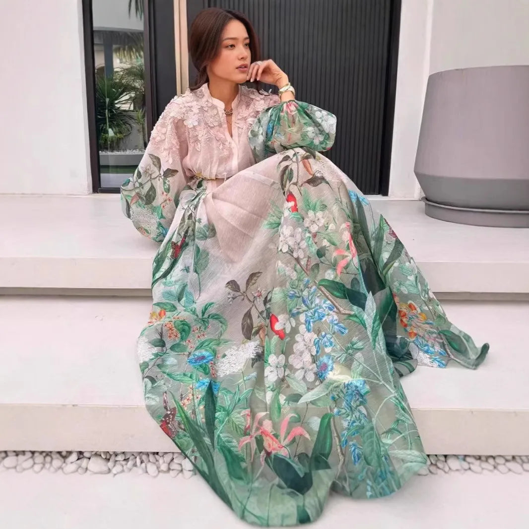 Ele Floral Print Maxi Dr with Single Button Closure And Flower Belt Vaion Wear Polyester Fiber Lantern Sve