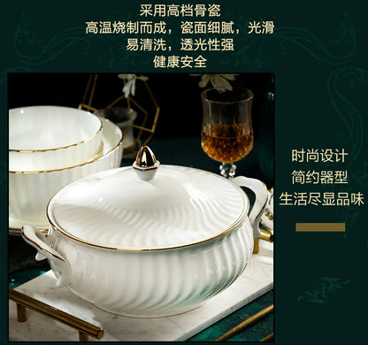 Bowl and dish set bone china tableware set bowl Jingdezhen light luxury simple hand drawn gold ceramic bowl and chopsticks plate - Kimlud