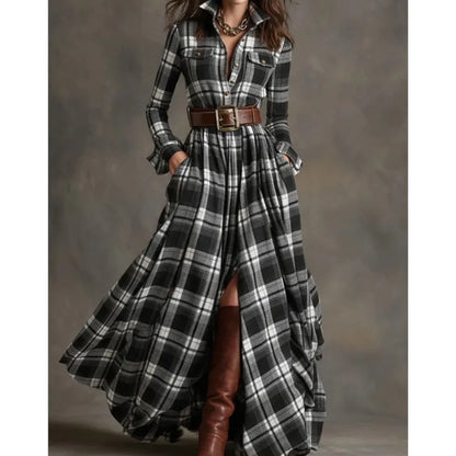 Retro Women's Shirt Maxi Dress Autumn Casual Long Sleeve Button Pocket Plaid Print Lapel Retro Long Dresses For Womem Vestidos