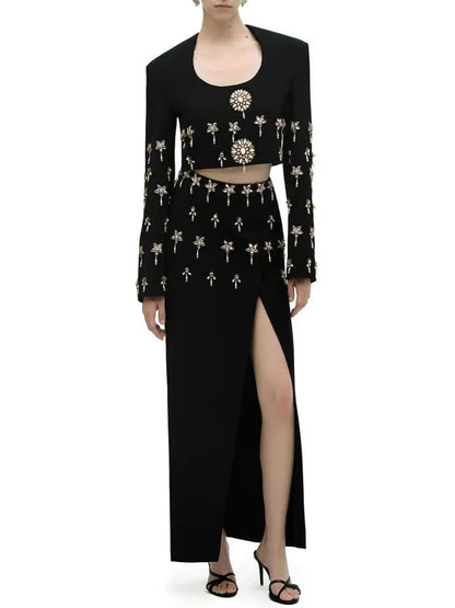 Elegant Two Piece Set Sexy Long Sleeves Diamonds Top + Long Split Bodycon Skirt Bandage Suits Runway Evening Party Dress Sets - Kimlud