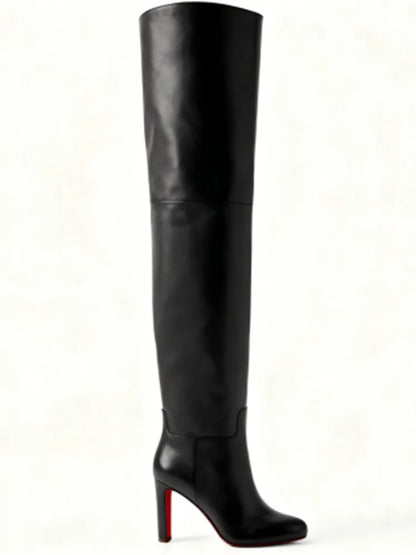 Autumn and Winter New Black Leather Round Head Over Knee Women's Boots, Thick High Heels, Fashionable 34-46 Large Women's Boots