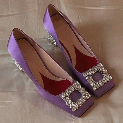 New Rhinestone High Heels Women Slip-On Pumps Women Square Toe Party Crystal Dress Shoes Femmes Chaussures Zapatos De Mujer - Kimlud
