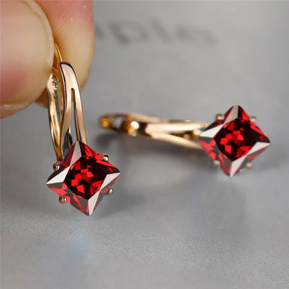 Cute Female Champagne Square Jewelry Luxury Crystal Zircon Stone Hoop Earring Rose Gold Color Wedding Earrings For Women