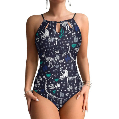 Botanical With Dinosaurs Swimsuit Dinosaur Quirky Soft Pastels Floral Swimwear Holiday Swimsuits Halter Bathing Suit |...