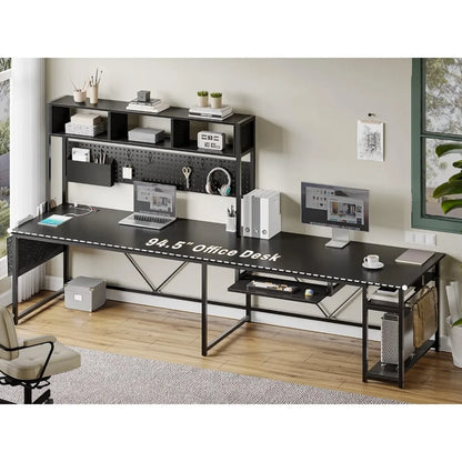 L Shaped Gaming Desk with Power Outlet LED Lights Keyboard Tray Pegboard Storage Bag Reversible Computer Desk for Home Office