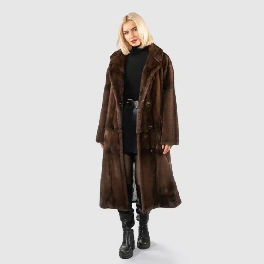 Ladies High Quality Real Mink Fur Coat with Belt Winter Warm European Street Style Women's Fashion Outerwear