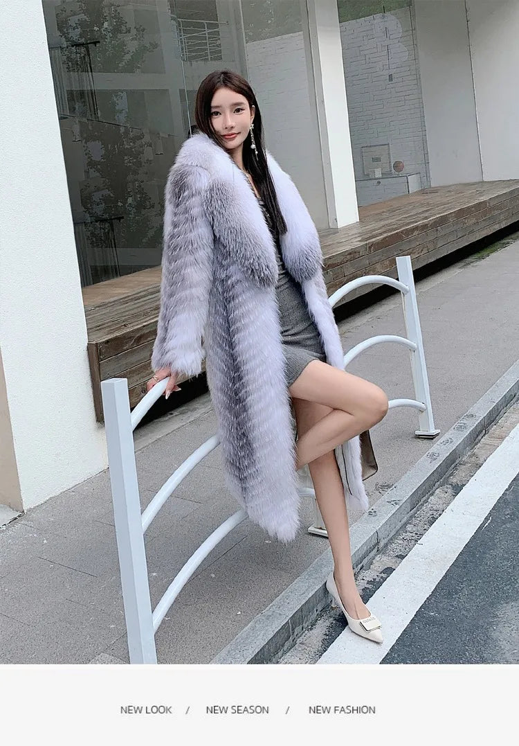 Lady Clothes Long Real Fur Coat Women Natural Silver Fox Autumn Warm Female Fox Parkas high Quality Outwear