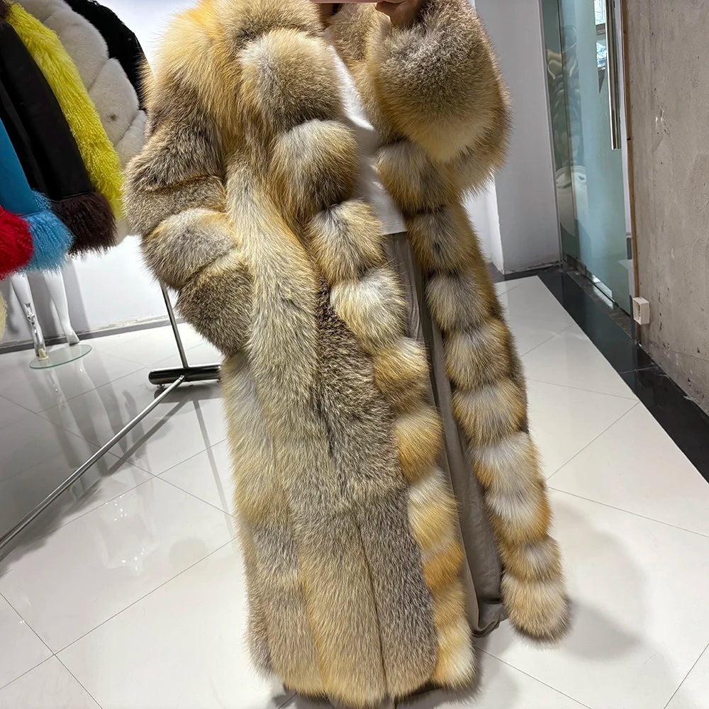 YOLOAgain Luxury Long Real Fox Fur Jacket Coat Women2025 Winter Natural Golden Fox Fur Coat Outerwear