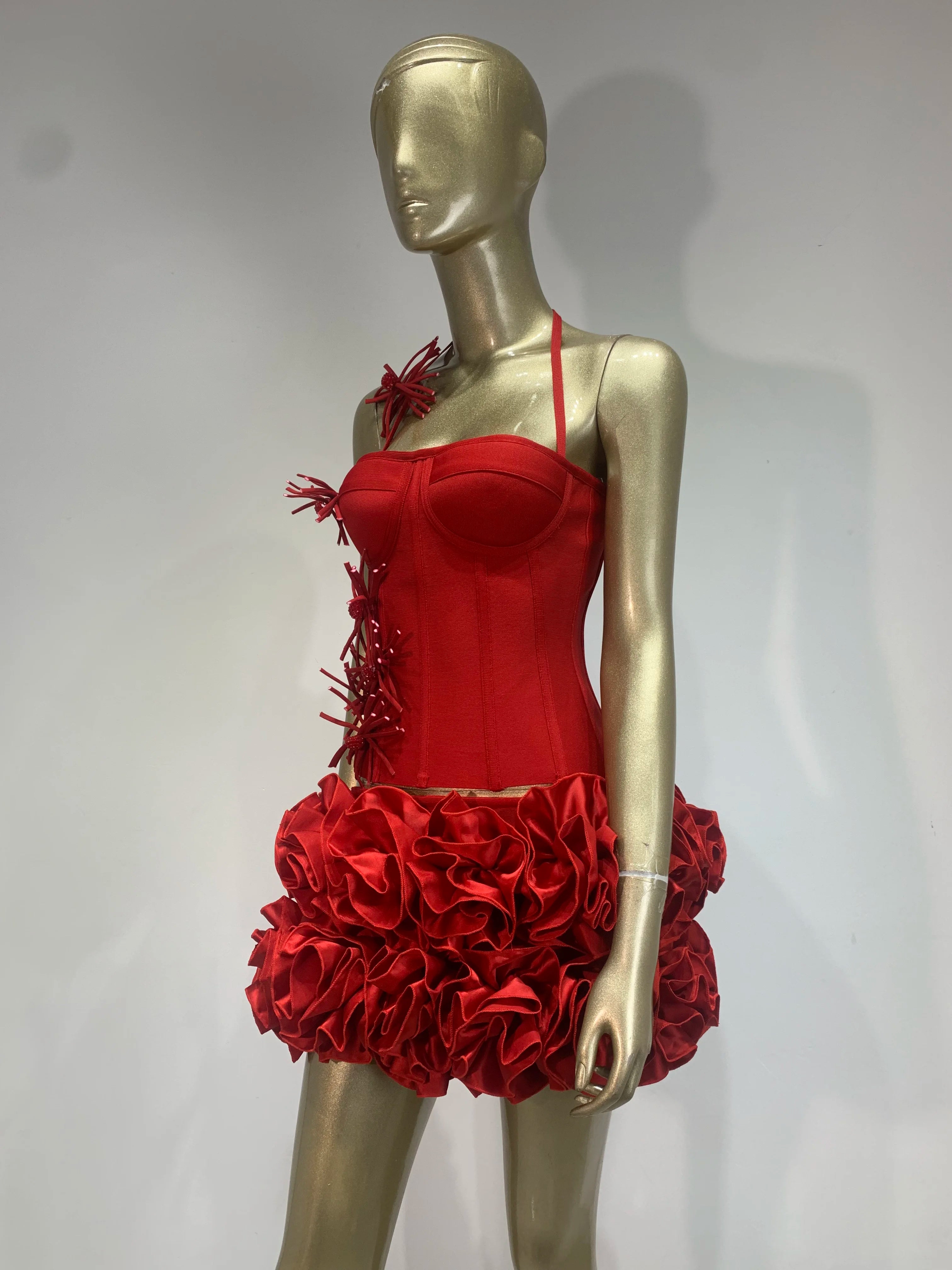 High End Fashion Women Red Bandage Outfit Halter Slash Neck Corset Top And Rose Mini Skirt Two Pieces Sets Evening Club Party