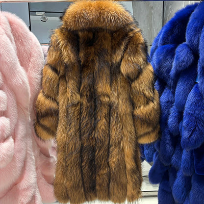 YOLOAgain Luxury Real Fox Fur Jacket Women Long Fur Coat 2025 Winter Warm