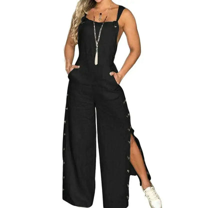 Women's Sleeveless Wide Leg Jumpsuit with Side Pockets And Button Closure Solid Color Loose Straight-Leg Romper for Women