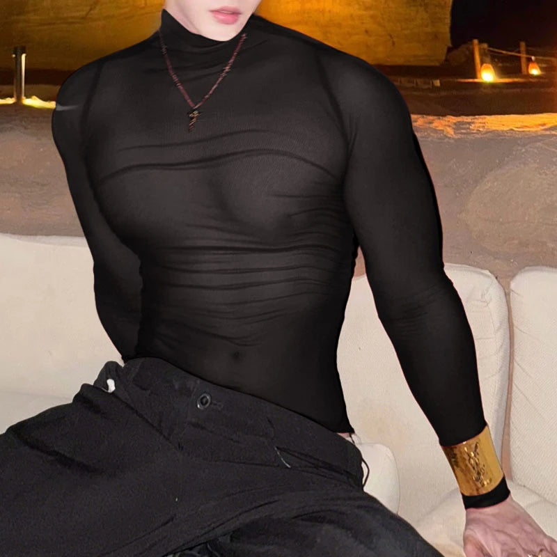 INCERUN Men T Shirt Mesh Long Sleeve See Through Turtleneck Male Tee Tops Sexy Streetwear Fashion Casual Men Clothing Solid - Kimlud