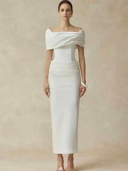 DEAT Elegant Dress Slash Neck Pleated Back Split Slim Hip Warp Long Women's Evening Party Dresses 2026 Winter New Tide...